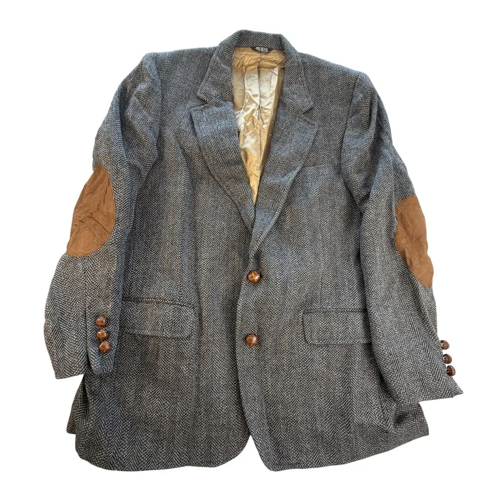Bill Blass Sport Coat Mens 42 Gray Wool Herringbone Tweed Elbow Patch Blazer